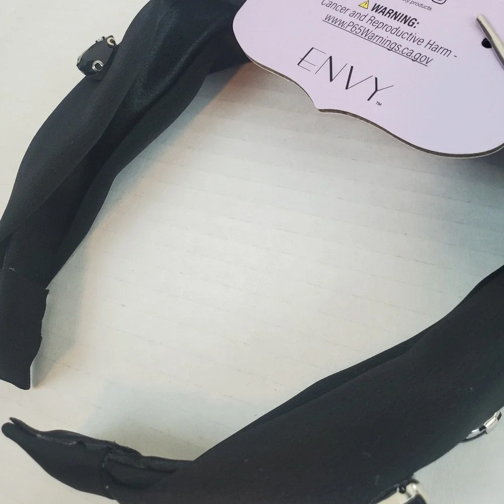 Knotted Headband Black Satin Faux Black Rhinestones